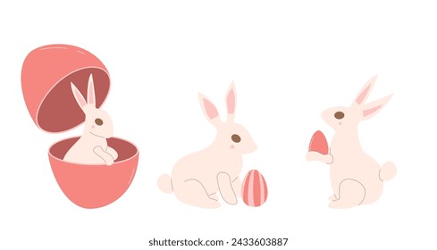 Easter bunnies with eggs set. Rabbits isolated on white background. Vector flat illustration.