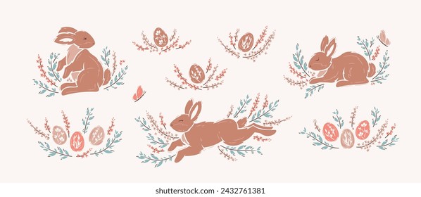 Conejitos de Pascua, Huevos de Pascua, Elementos Florales de Primavera Vector Set. Lindo conejo marrón, hojas y flores. 