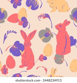 Easter bunnies, eggs and stylized flowers hand drawn vector seamless pattern Retro style
