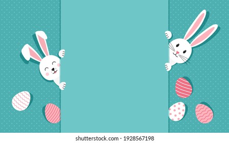 Easter bunnies and eggs vector greeting card. Paper rabbits on cute background. Cartoon spring illustration