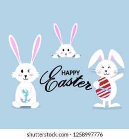 Easter bunnies and easter eggs. Vector illustration.