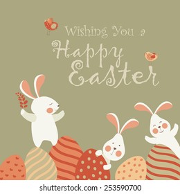 Easter bunnies and easter eggs. Vector illustration