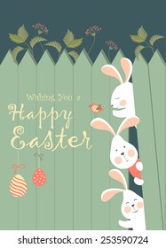 Easter bunnies and easter eggs. Vector illustration