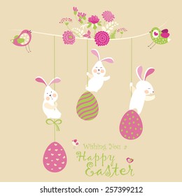 Easter bunnies and easter eggs. Vector illustration