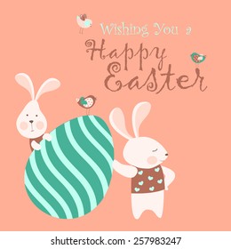 Easter bunnies and easter eggs. Vector illustration