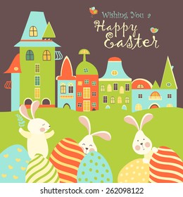 Easter bunnies and easter eggs. Vector illustration