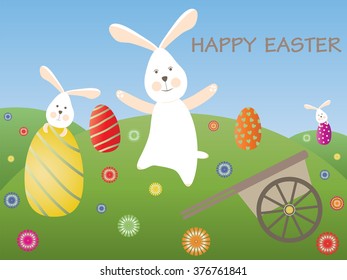 Easter bunnies and easter eggs. Vector illustration