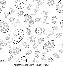 Easter bunnies and easter eggs. Vector illustration. Easter sketch black and white seamless pattern.