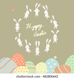 Easter bunnies and easter eggs. Vector illustration
