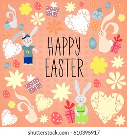 Easter bunnies and easter eggs. Vector illustration