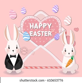 Easter bunnies and easter eggs. Vector illustration