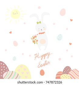 Easter bunnies and easter eggs. Vector illustration