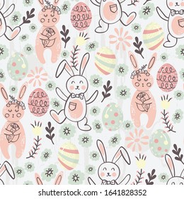 Easter Bunnies and Eggs Vector Seamless Pattern