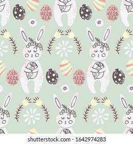 Easter Bunnies and Eggs Vector Seamless Pattern