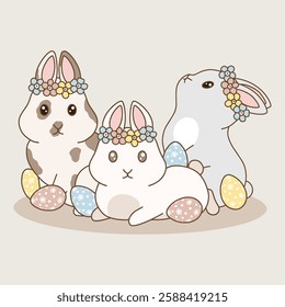 Easter bunnies with flowers and colorful easter eggs, vector line art.