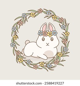 Easter bunnies with flowers and colorful easter eggs, vector line art.