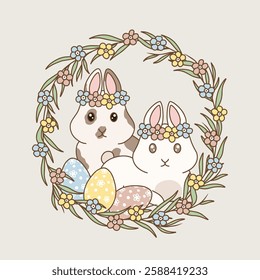 Easter bunnies with flowers and colorful easter eggs, vector line art.