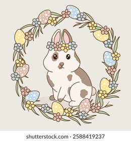 Easter bunnies with flowers and colorful easter eggs, vector line art.