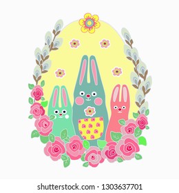 Easter bunnies with flowers and eggs on a white background