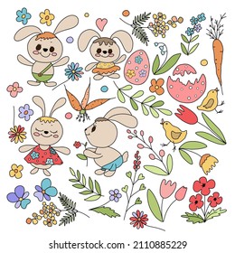 easter bunnies and flowers fulcolor hand drawn vector illustration. 