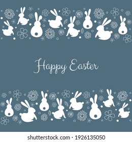 Easter bunnies and flowers. Greeting card. Vector