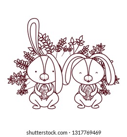 easter bunnies with flowers isolated icon