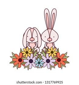 easter bunnies with flowers isolated icon