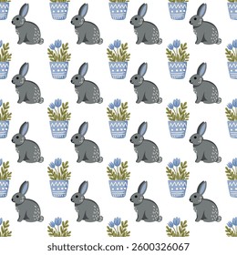 Easter Bunnies and flowers pots. Vector Seamless Pattern for fabric design, wrapping paper, wallpaper.