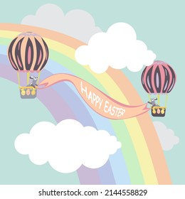 Easter bunnies fly across the sky sky with rainbow in a balloon among the clouds and hold a banner stretched in the sky with the inscription Happy Easter. Happy Easter vector isolated cute illustratio