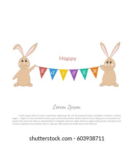 Easter bunnies with a garland of flags. Cute rabbits in cartoon style on a white background. Vector illustration

