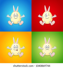 Easter bunnies get out of eggs with four different emotion faces and four colors background