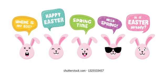 Easter Bunnies with greeting speech bubbles- Vector illustration