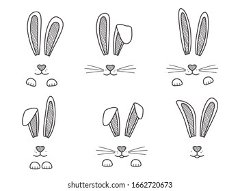 Easter bunnies hand drawn, face of rabbits. Black and white ears and muzzle with whiskers, paws. Elements for design greeting cards. Vector illustration