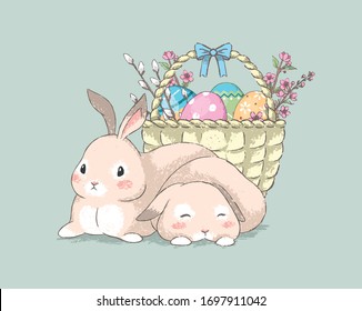 Сute Easter bunnies in handdrawn pastel style near eggs basket. Vector illustration.