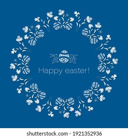 Easter bunnies. Happy easter. Openwork flower frame with rabbits and decorated eggs in flowers 