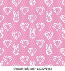 Easter bunnies and hearts, a seamless pattern on the light pink background. Minimalistic dotted textile design. Vector drawing repeat pattern of rabbits and dots. Endless wallpaper style design.