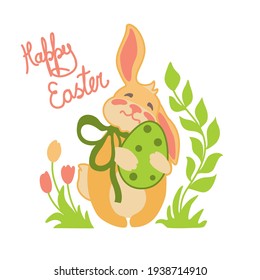 Easter bunnies holding a chocolate egg in their paws on the spring lawn. Easter illustration. Vector.