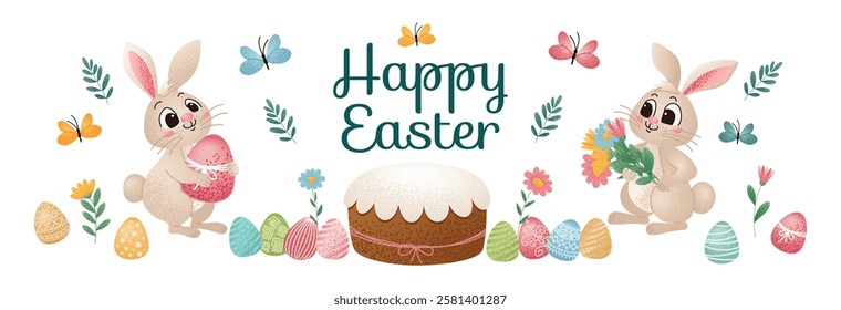 Easter bunnies holding decorated egg and bouquet of flowers near Easter cake and colorful eggs with butterflies. Cute cartoon illustration. Easter celebration and holiday design for greeting card.