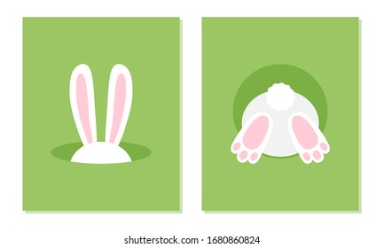 Easter bunnies in hole greeting card set. Symbols 2023 New Year. Vector illustration