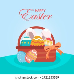 Easter bunnies ilustration vector, and banner template with Easter eggs in the nest. Greetings and presents for Easter Day in flat lay styling.Promotion and shopping template for Easter