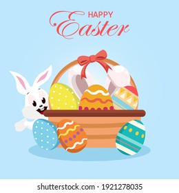 Vector de ilustración de conejitos de Pascua, y plantilla de pancarta con huevos de Pascua en el nido. Saludos y regalos para el Día de Pascua en estilo de laya plana.Promoción y plantilla de compras para Pascua