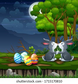 The Easter bunnies kissing with Easter eggs around him