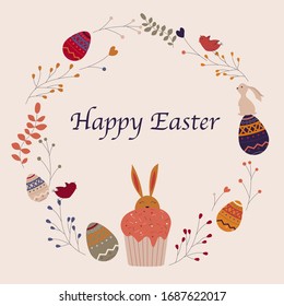 Abundantes de Pascua, hojas, torta de Pascua y huevos de Pascua. Ilustración del vector