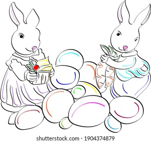 Easter bunnies in line on white background 