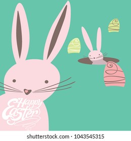 Easter bunnies look out for burrows Easter eggs. Funny greeting card.