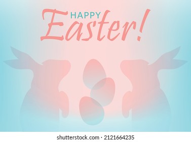 Easter bunnies looking at eggs and happy Easter inscription
,beautiful soft blurred festive background for banners and postcards