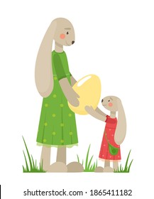 Easter bunnies, mother hare gives an egg to her daughter bunny. Vector illustration.