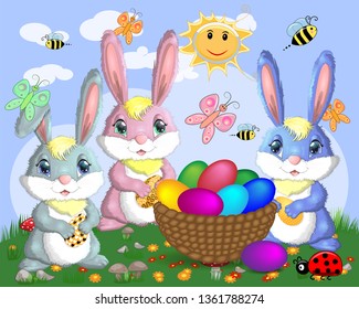 Easter bunnies near the basket with Easter eggs in meadow, the sun, butterflies, spring. Copy space