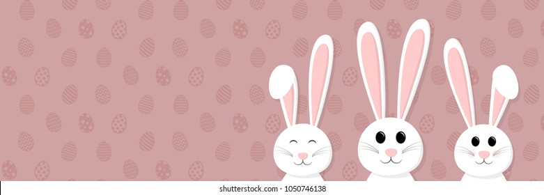 Easter bunnies on a background with eggs. Concept of a panoramic header with copyspace for Easter. Vector.