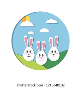 Easter bunnies on a background of grass and blue sky, Happy Easter greeting card. Vector illustration